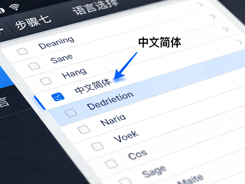 步骤七截图：语言选择列表，箭头指向中文简体选项