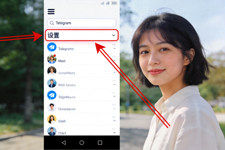 步骤五截图：Telegram主界面，箭头指向左上角菜单按钮和设置选项