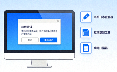 电脑屏幕上显示软件错误弹窗的示意图，旁边有排查工具图标