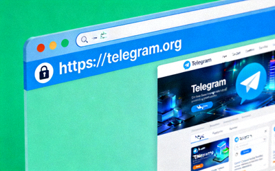 浏览器地址栏显示https和安全锁标志，指向Telegram官网的示意图