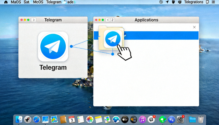 macOS系统安装Telegram时的截图，显示将Telegram图标拖拽到Applications文件夹的步骤