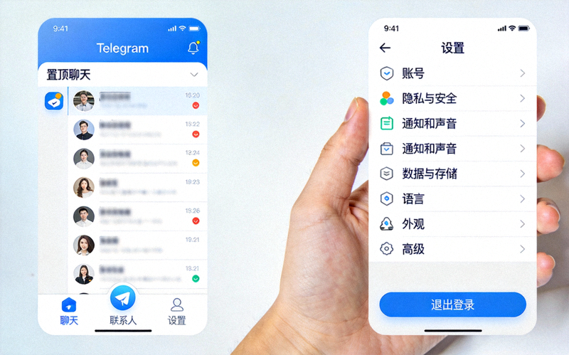 切换为中文界面后的Telegram主界面和设置菜单截图