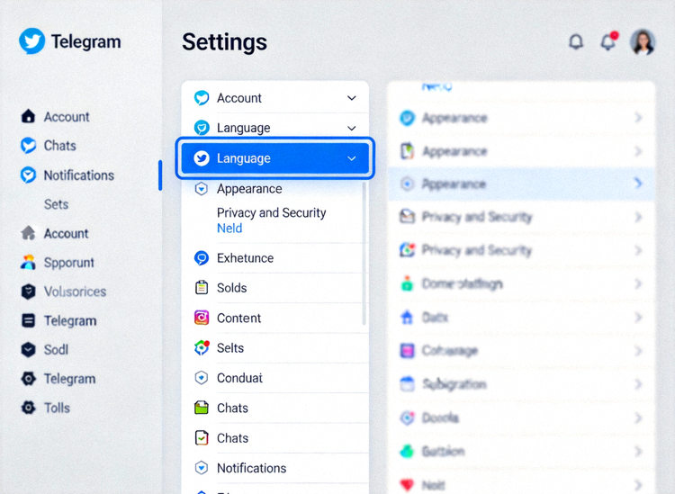 Telegram Desktop设置菜单截图，高亮显示Language语言选项位置