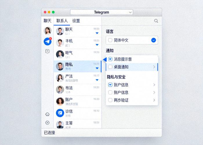 Telegram电脑版成功切换为简体中文界面后的截图，展示中文菜单和设置选项