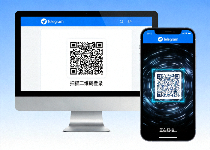 Telegram电脑版登录界面显示二维码，以及手机端扫描二维码的联动示意图