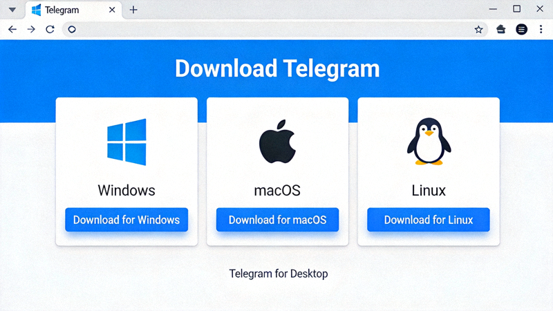 Telegram官方网站下载页面截图，显示Windows、macOS和Linux的下载选项