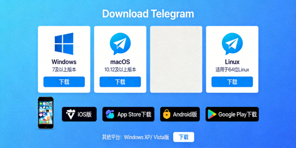 Telegram官方网站下载页面的整体布局截图，展示各操作系统下载选项