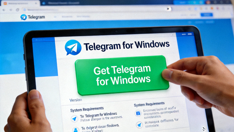 Telegram官方网站Windows版下载页面截图，显示绿色的Get Telegram for Windows按钮