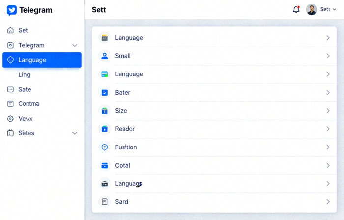 Telegram设置页面截图，左侧菜单高亮显示Language语言选项