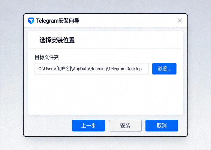 Telegram Windows安装向导界面截图，显示选择安装路径的步骤