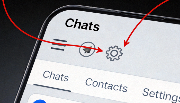 Telegram主界面截图，箭头指向左上角的三条横线菜单和设置选项