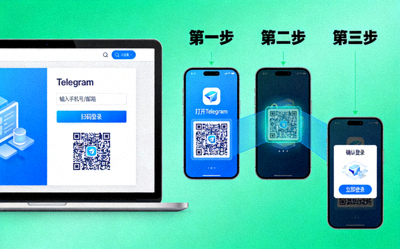 Telegram桌面版登录界面及手机扫码同步流程示意图