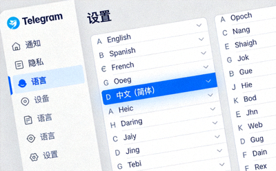 Telegram桌面版设置界面中语言选择菜单的截图，高亮显示中文选项